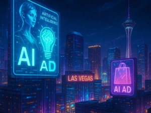 Futuristic Las Vegas skyline at night with glowing holographic billboards showing AI-generated ads, symbolizing modern digital marketing and technology.